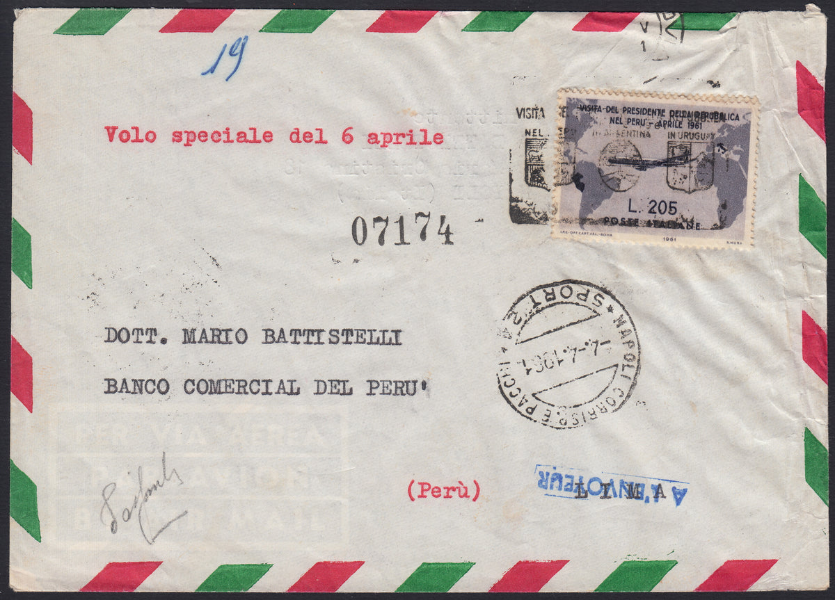 Lotto n. 541- 1861 - Gronchi Rosa ricoperto dal grigio (staccato per controllo) su busta spedita da Napoli per il Perù. (920, 921)