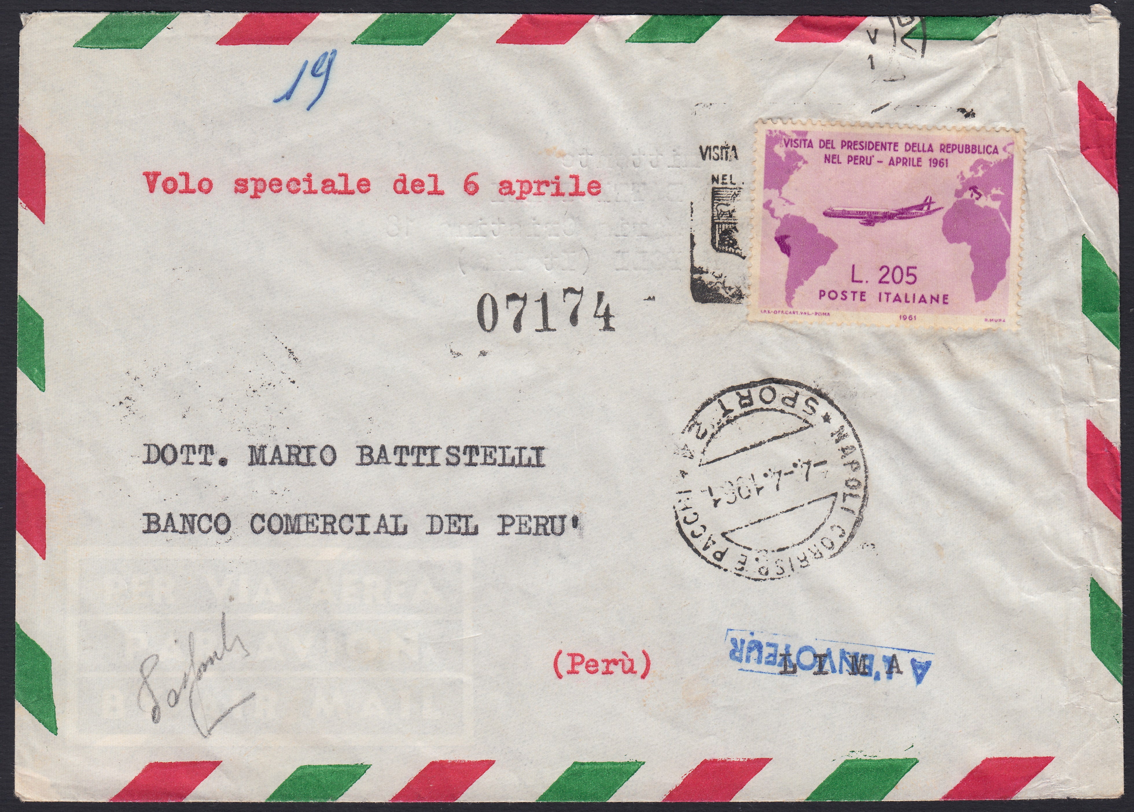 Lotto n. 541- 1861 - Gronchi Rosa ricoperto dal grigio (staccato per controllo) su busta spedita da Napoli per il Perù. (920, 921)