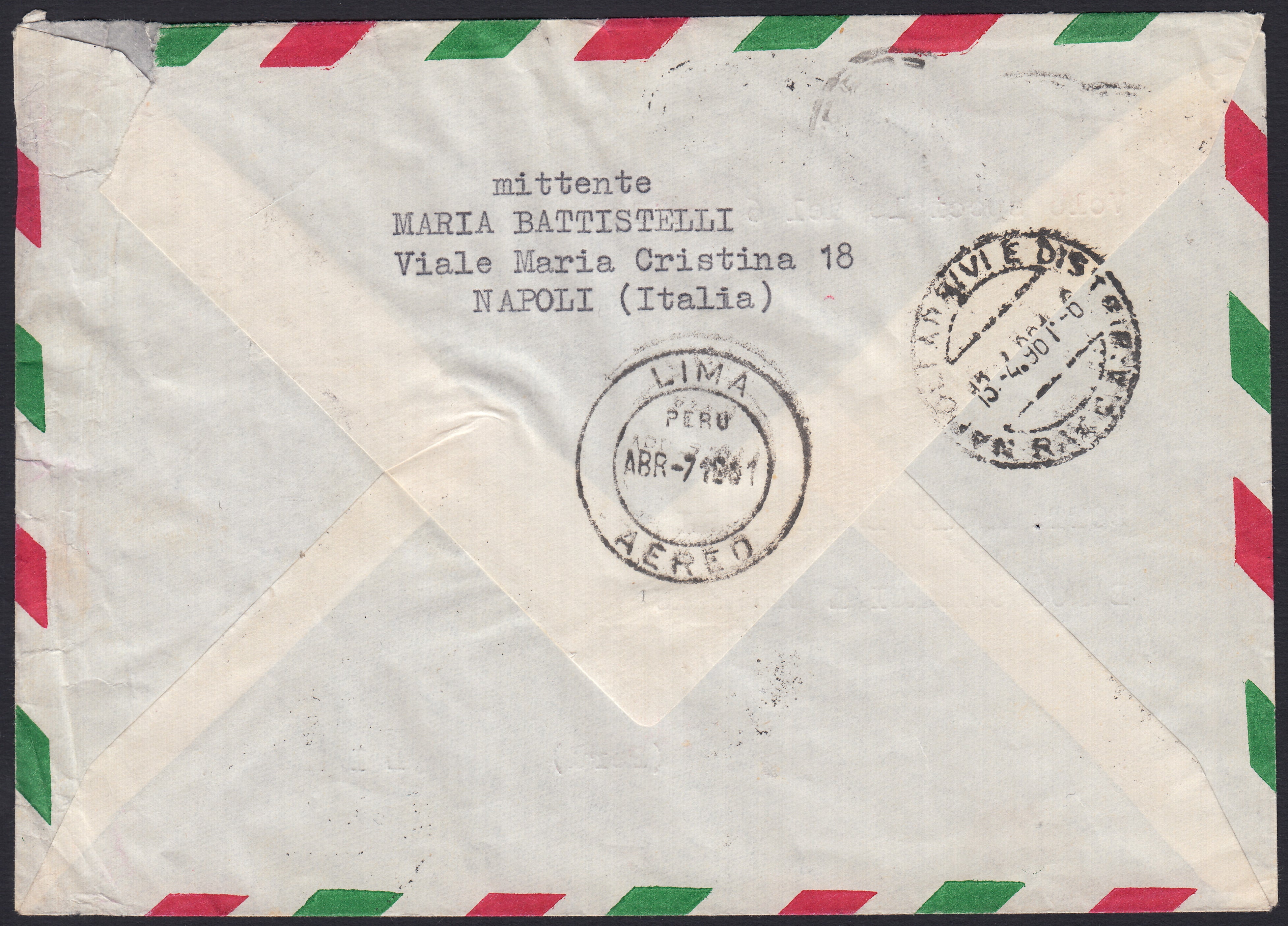 Lotto n. 541- 1861 - Gronchi Rosa ricoperto dal grigio (staccato per controllo) su busta spedita da Napoli per il Perù. (920, 921)