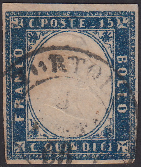 PV2014 - Regno d'Italia 1863 c. 15 azzurro grigio scuro tipo Sardegna usato (11f)