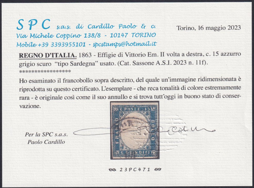 PV2014 - Regno d'Italia 1863 c. 15 azzurro grigio scuro tipo Sardegna usato (11f)