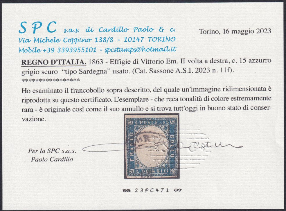 PV2014 - Reino de Italia 1863 c. 15 azul claro gris oscuro tipo Cerdeña usados ​​(11f)