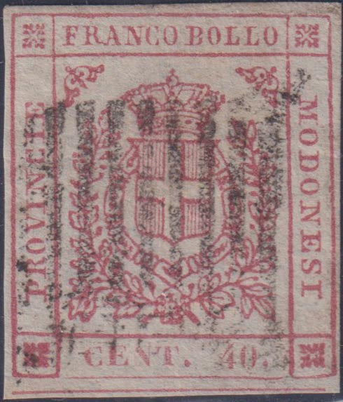 E2_48 - 1859 - Scudo di Savoia sormontato da corona Reale, c. 40 rosa carminio usato, raro. (17).
