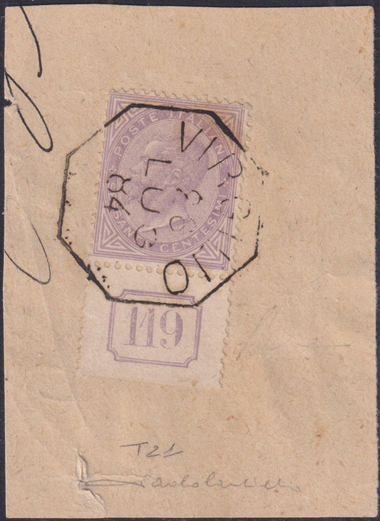 E3_15 - 1863 - Emissione De La Rue, tiratura di Torino, c. 60 lilla usato su framento con annullo di Virgilio e numero di tavola 119 in doppio rettangolo, unico noto (T21)