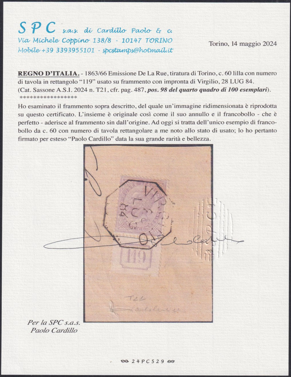 E3_15 - 1863 - Emissione De La Rue, tiratura di Torino, c. 60 lilla usato su framento con annullo di Virgilio e numero di tavola 119 in doppio rettangolo, unico noto (T21)