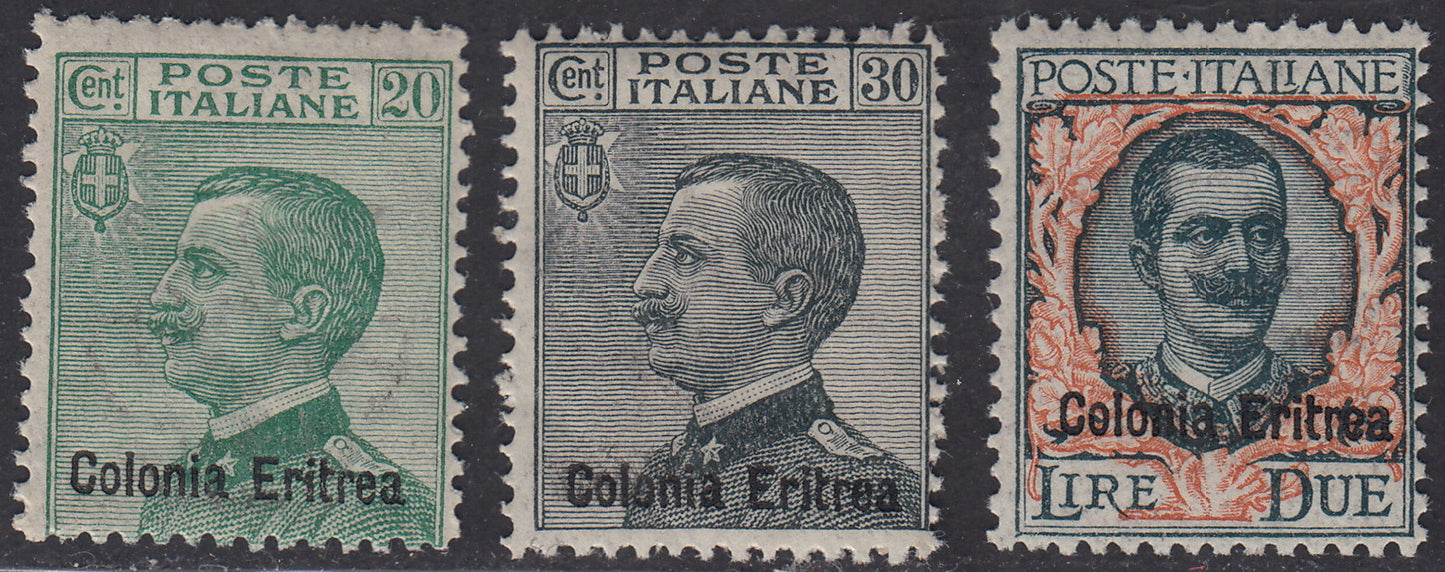 E50 - 1925 - Eritrea, Italian stamps superprinted with "Colonia Eritrea", three new stamps, undamaged rubber (S.20, 93/95) 