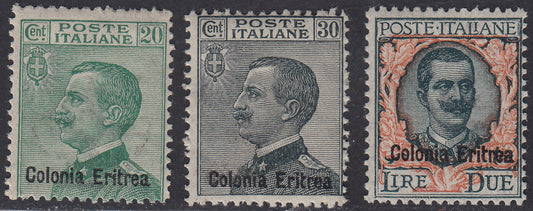 E50 - 1925 - Eritrea, Francobolli d'Italia suprstampati "Colonia Eritrea", tre valori nuovi gomma integra (S.20, 93/95)
