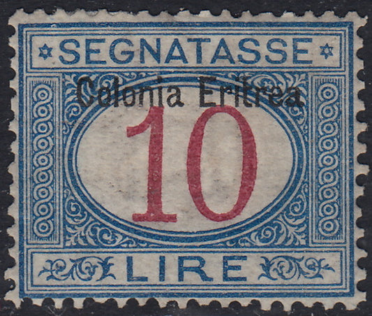 E59 - 1903 - Colonie Italiane, segnatasse d'Italia L. 10 azzurro e carminio soprastampata "Colonia Eritrea" nuovo con gomma originale e centratura perfetta (11))