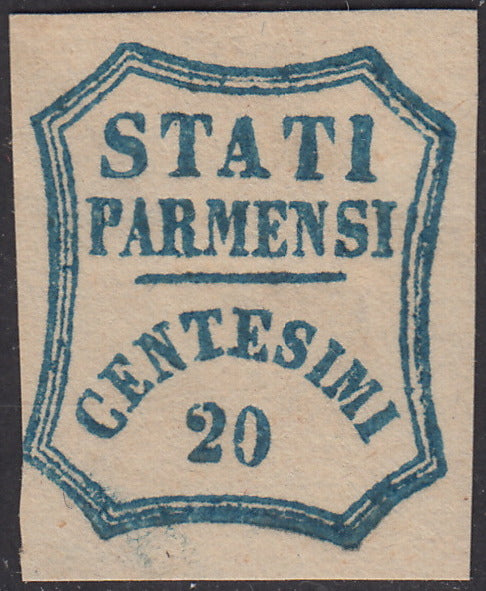 PV159 - 1859 - Stati Parmensi e valore in un ottagono a linee curve, c. 20 azzurro con decalco nuovo con gomma, trasparenza (15f).