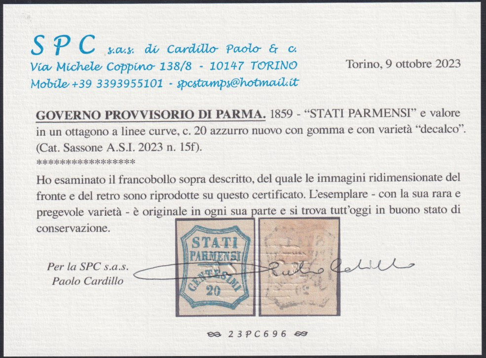 PV159 - 1859 - Stati Parmensi e valore in un ottagono a linee curve, c. 20 azzurro con decalco nuovo con gomma, trasparenza (15f).