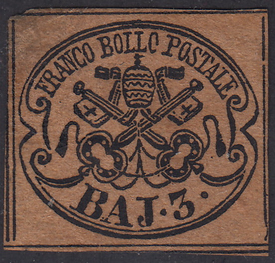 PV271 - 1852 - I emissione 3 baj bruno II composizione nuovo con gomma, assottigliato (4Aa).