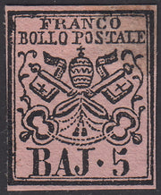 PV292 - 1852 - I emissione 5 baj rosa carminio II composizione nuovo con gomma, assottigliato (6A).