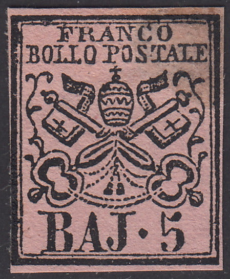 PV292 - 1852 - I emissione 5 baj rosa carminio II composizione nuovo con gomma, assottigliato (6A).