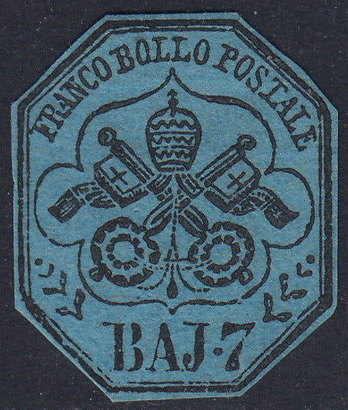 Pont28 - 1852 - I emissione 7 baj azzurro nuovo senza gomma, rifilato lungo il riquadro alla moda inglese (8).