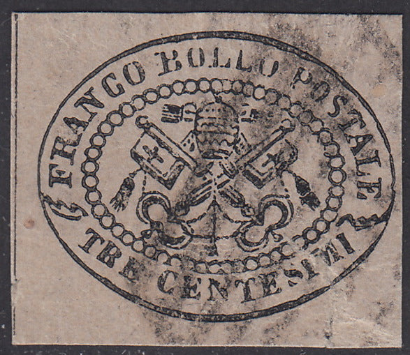PV1273 - 1867 - II emissione, 3 centesimi grigio rosa usato con annullo originale. (14).
