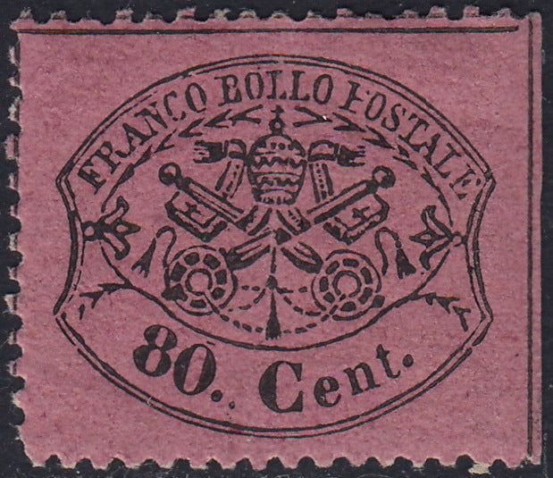 Pont55 - 1868 - III emissione, c. 80 lilla rosso, non emesso, nuovo con gomma originale integra, piega verticale di carta (31).