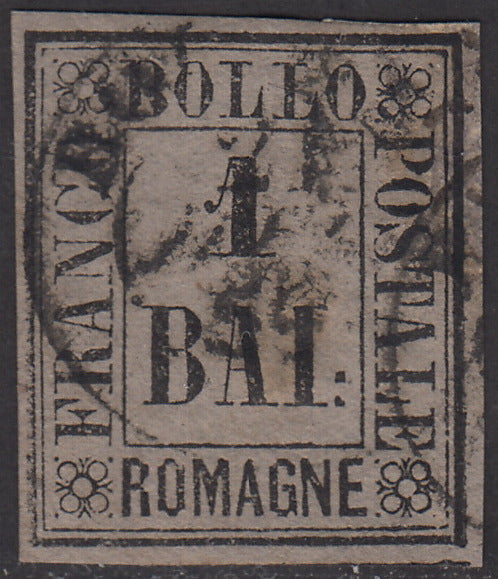 ROM39 - 1859 - Cifra in un rettangolo, 1 bajocco grigio usato con annulli circolari, raro. (2a)