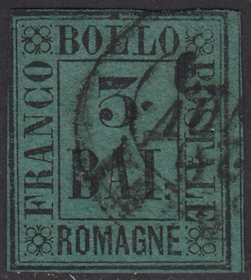 ROM24 - 1859 - Cifra in un rettangolo, 3 bajocchi verde scuro usato con annullo circolare. (4).