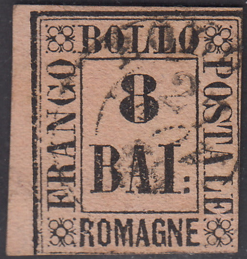 PV407 - 1859 - Cifra in un rettangolo, 8 bajocchi rosa usato con annullo circolare, (8).