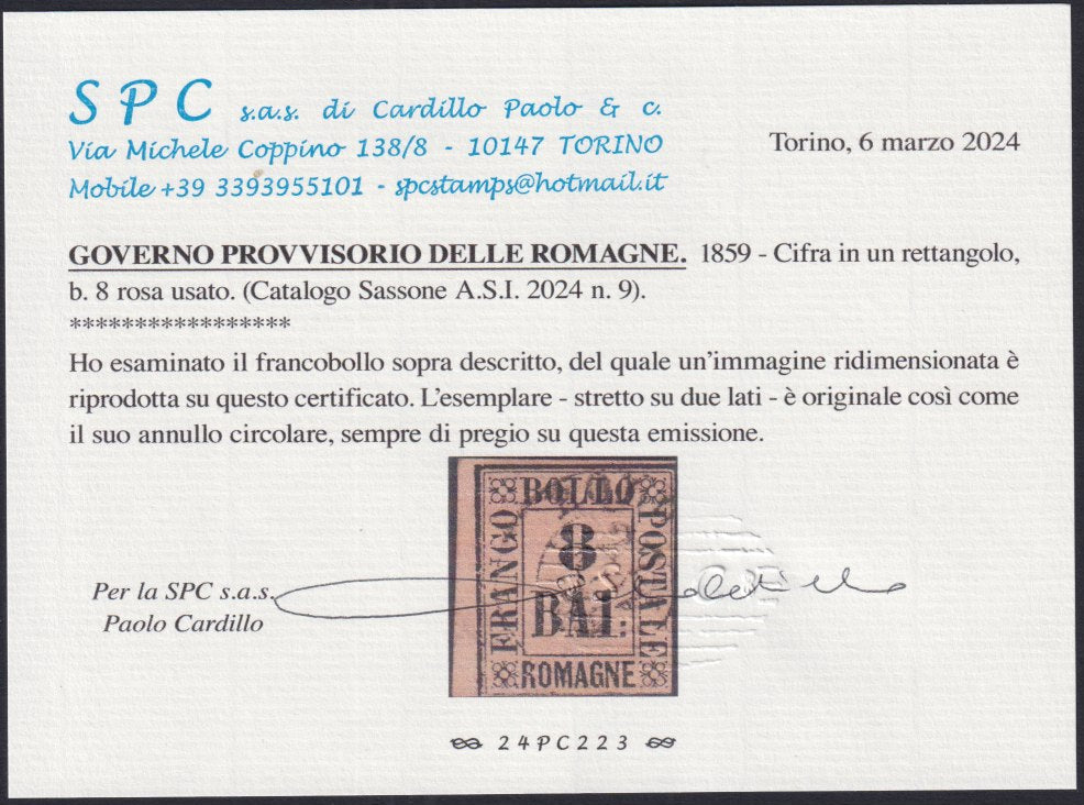 PV407 - 1859 - Cifra in un rettangolo, 8 bajocchi rosa usato con annullo circolare, (8).