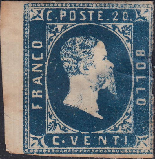 SARD768 - 1851 - Effigie di Vittorio Emanuele II, c. 20 azzurro nuovo con gomma originale, (2).