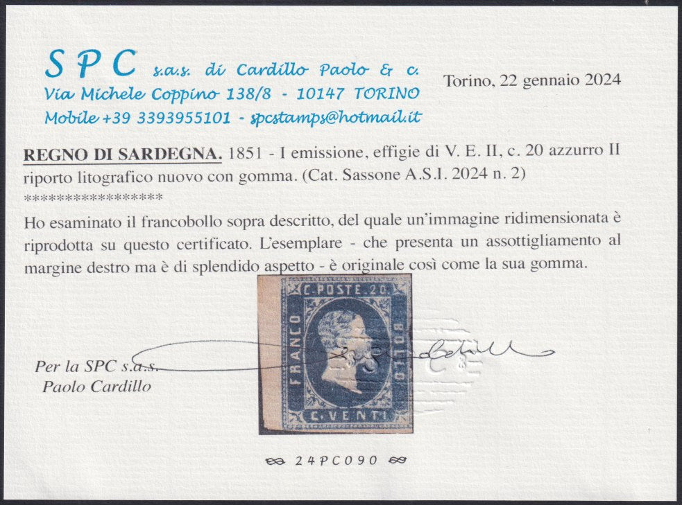 SARD768 - 1851 - Effigie di Vittorio Emanuele II, c. 20 azzurro nuovo con gomma originale, (2).