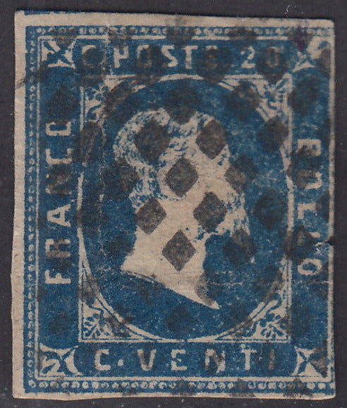 PV1374 - 1851 - I emissione c. 20 azzurro usato, lievi difetti (2).