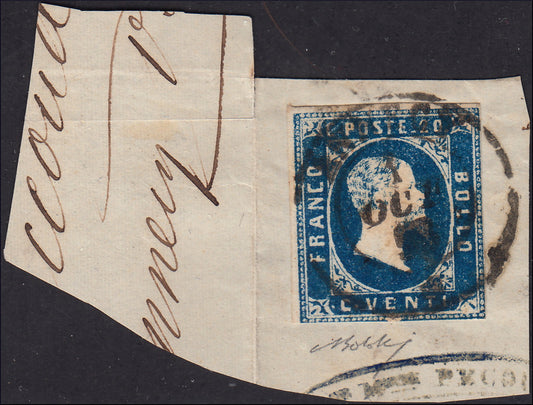 PP1071 - 1851 - I emissione c. 20 azzurro vivo usato con l d.c. e rosetta "Annecy  1/10/53" primo giorno di tolleranza dell'emissione (2d, p.ti R2)