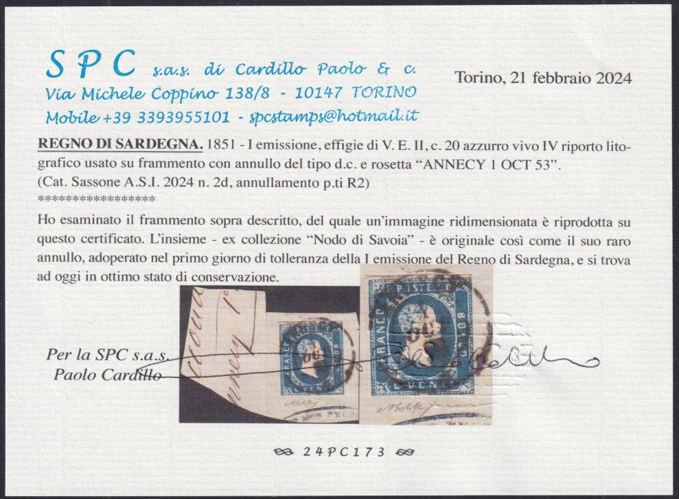 PP1071 - 1851 - I emissione c. 20 azzurro vivo usato con l d.c. e rosetta "Annecy  1/10/53" primo giorno di tolleranza dell'emissione (2d, p.ti R2)