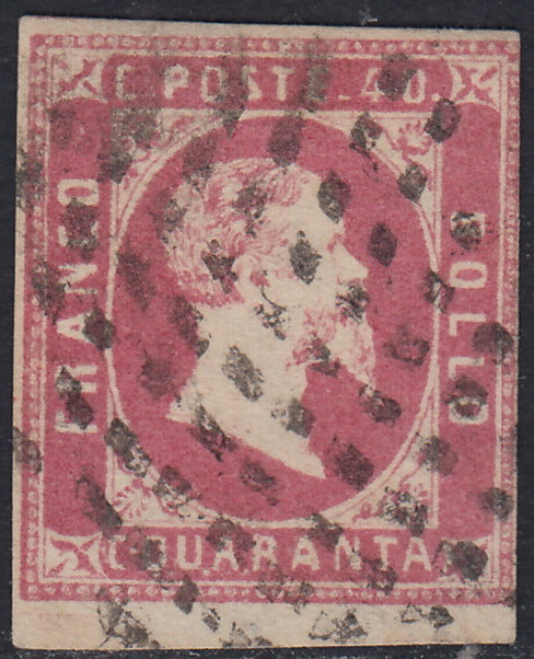 SARD860 - 1851 - Effigie di Vittorio Emanuele II emissione litografica, c. 20 azzurro chiaro I tiratura usato con Nodo di Savoia e tampone di tassazione "2". (2g, p.ti R1).