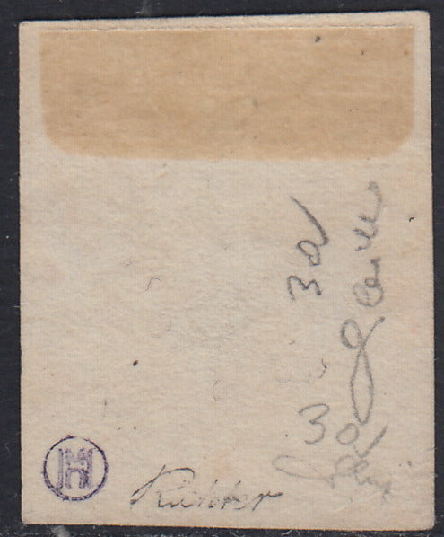 SARD860 - 1851 - Effigie di Vittorio Emanuele II emissione litografica, c. 20 azzurro chiaro I tiratura usato con Nodo di Savoia e tampone di tassazione "2". (2g, p.ti R1).