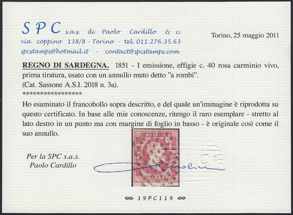 SARD860 - 1851 - Effigie di Vittorio Emanuele II emissione litografica, c. 20 azzurro chiaro I tiratura usato con Nodo di Savoia e tampone di tassazione "2". (2g, p.ti R1).