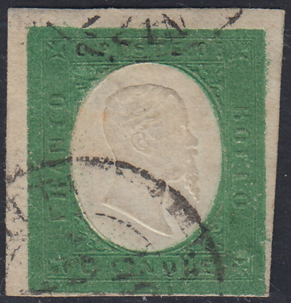 SARD630 - 1854 - Effigie di Vittorio emanuele II volta a destra, c. 5 verde scuro usato (7d).