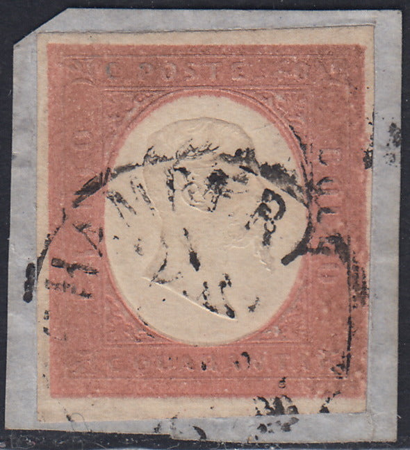 SARD974 - 1854 - Effigie di Vittorio Emanuele II, c. 40 rosso Mattone chiaro usato su frammento (9b).