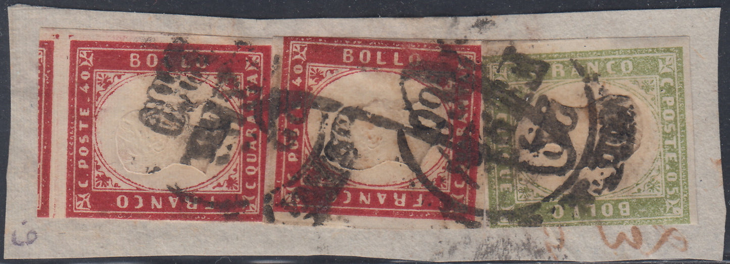 SARD877 - 1860 - Frammento di lettera affrancato con IV emissione si Sardegna c. 5 verde oliva grigiastro chiaro + c. 40 rosa scuro. (13Bd + 16Cd).