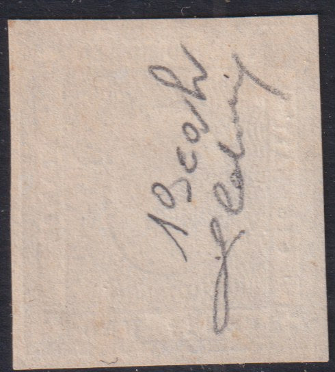F19_153 - 1861 - Cifra a rilievo in un riquadro, c. 1 grigio brunastro chiarissimo privo della cifra a rilievo e senza gomma, colore non catalogato, confronto estremamente attendibile di una gradazione di colore estermamente rara (19cah).