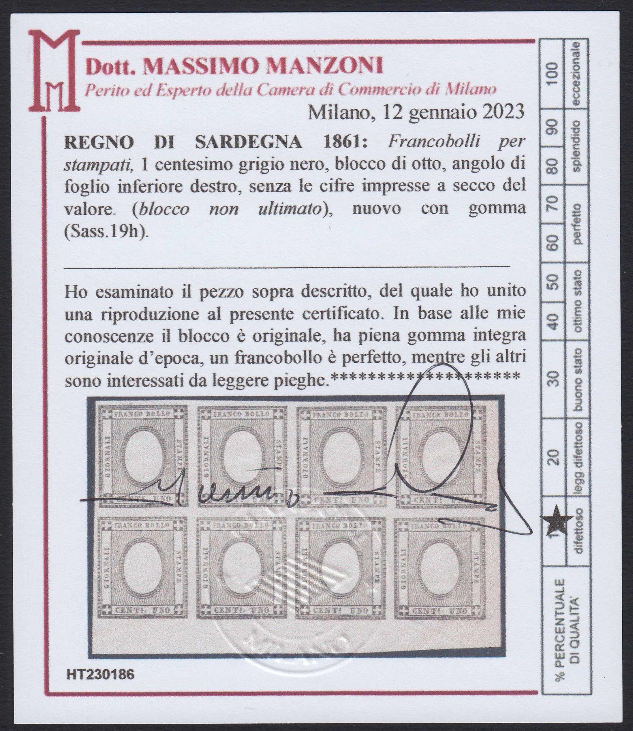 1861 - Cifra a rilievo, c. 1 grigio nero senza impressione della ciffa "1" blocco di otto esemplari nuovo con gomma integra, (19h).