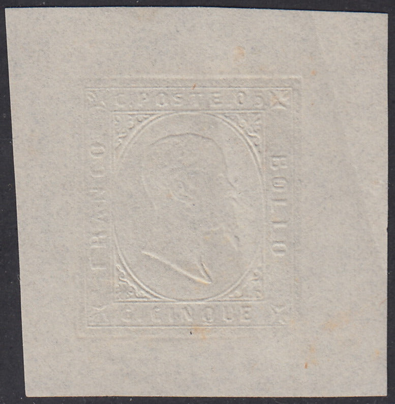 SARD213 - 1853 - II emissione, prova di rilievo su carta sottile bianca con margini ampi ad impronta singola, nuova non gommata (P1).