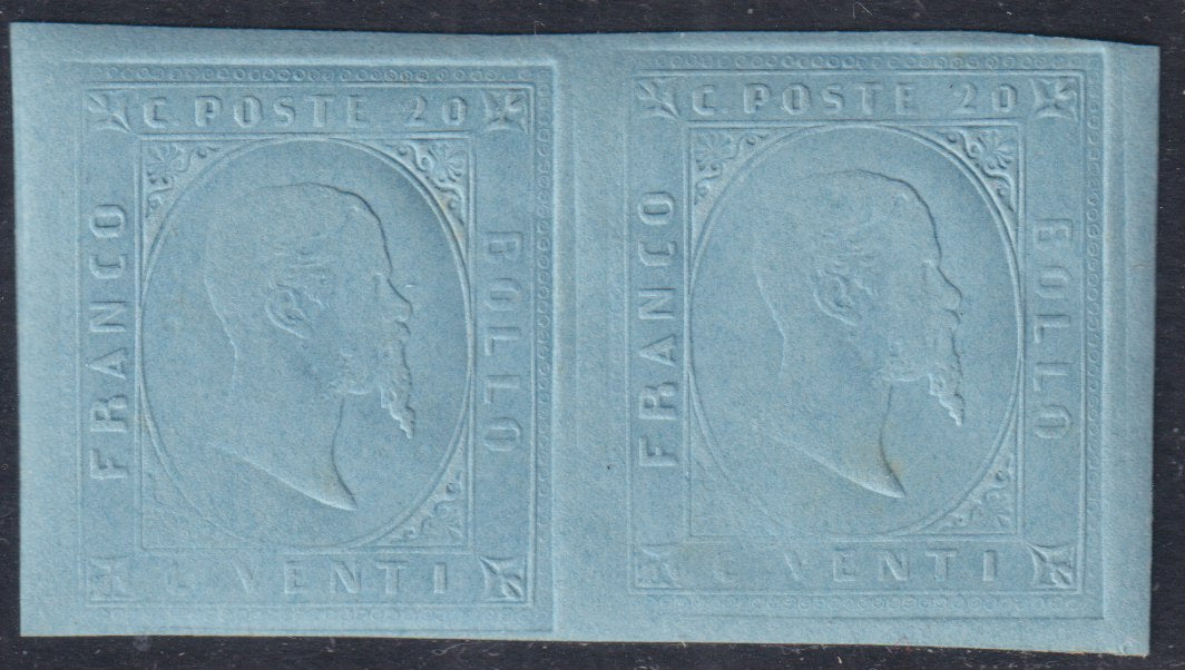 F28_44 - 1853 - II emissione, prova di rilievografia su carta spessa, c. 20 azzurro coppia orizzontale nuova con gomma integra (P17).