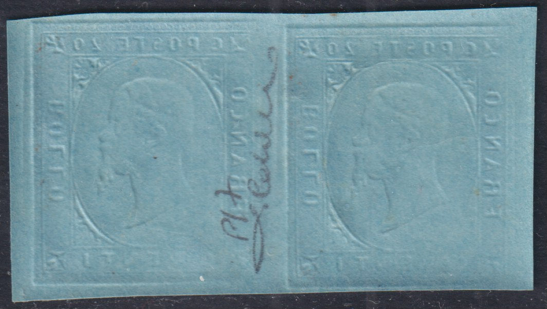 F28_44 - 1853 - II emissione, prova di rilievografia su carta spessa, c. 20 azzurro coppia orizzontale nuova con gomma integra (P17).