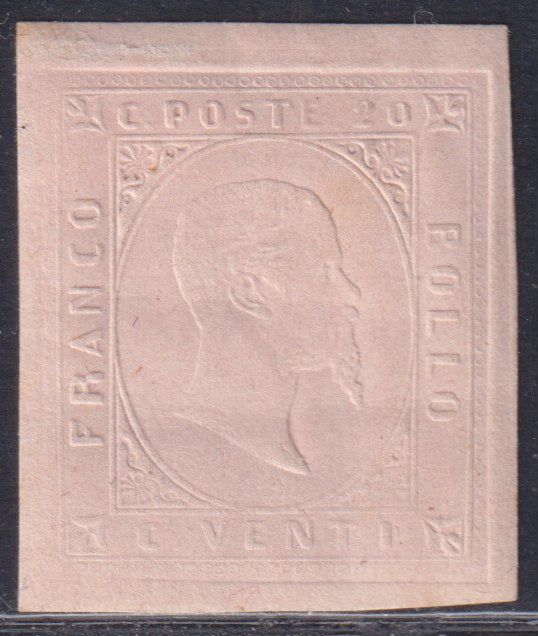 F28_45 - 1853 - II emissione, prova di rilievografia su carta spessa, c. 20 rosa nuovo con gomma originale (P18).