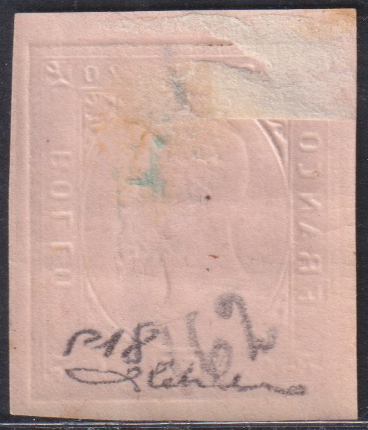 F28_45 - 1853 - II emissione, prova di rilievografia su carta spessa, c. 20 rosa nuovo con gomma originale (P18).