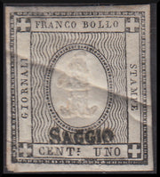 F18_26 - 1861 - Stampati, c. 1 grigio nero con soprastampa a mano SAGGIO, nuovo con gomma originale (Cat. Enciclopedico Bolaffi 1983/84 pag. 280).