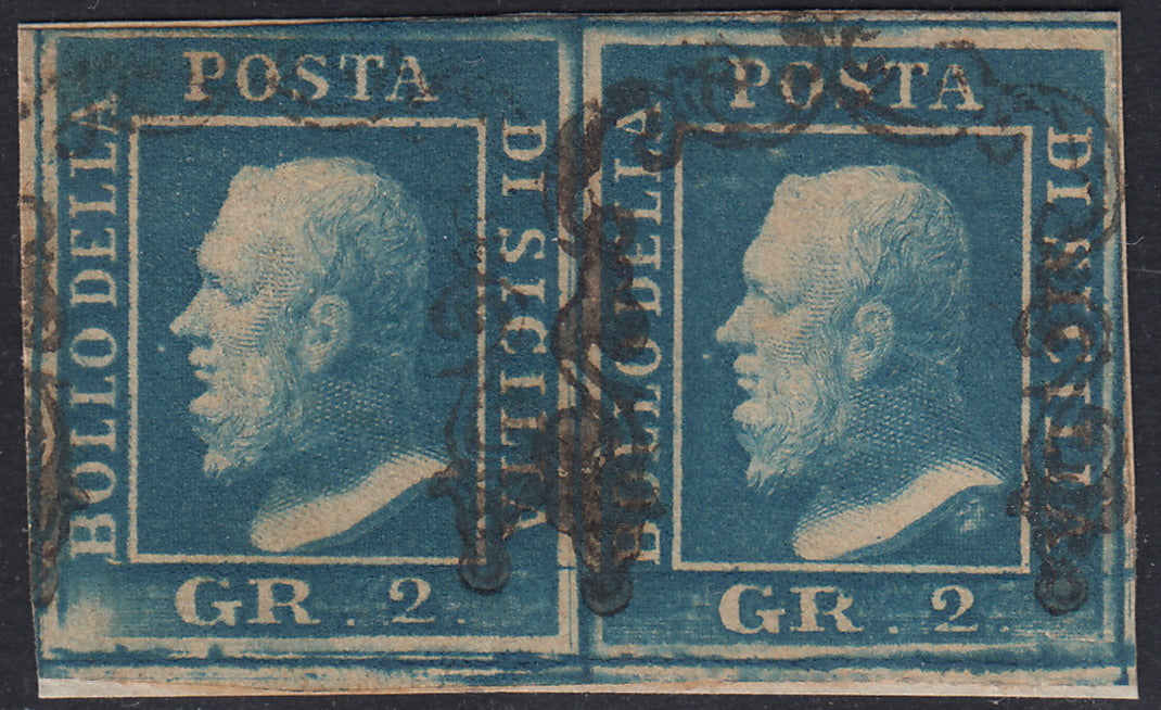 SIC317 - 1859 - Effigie di Ferdinando II di Borbone volta a sinistra, 2 grana azzurro I tavola carta di Napoli coppia orizzontale usata, pos. 41 e 42 (6a).