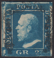 SIC144 - 1859 - Effige di Ferdinando II di Borbone, 2 grana azzurro oltremare I tavola carta di Napoli usato. (6d).