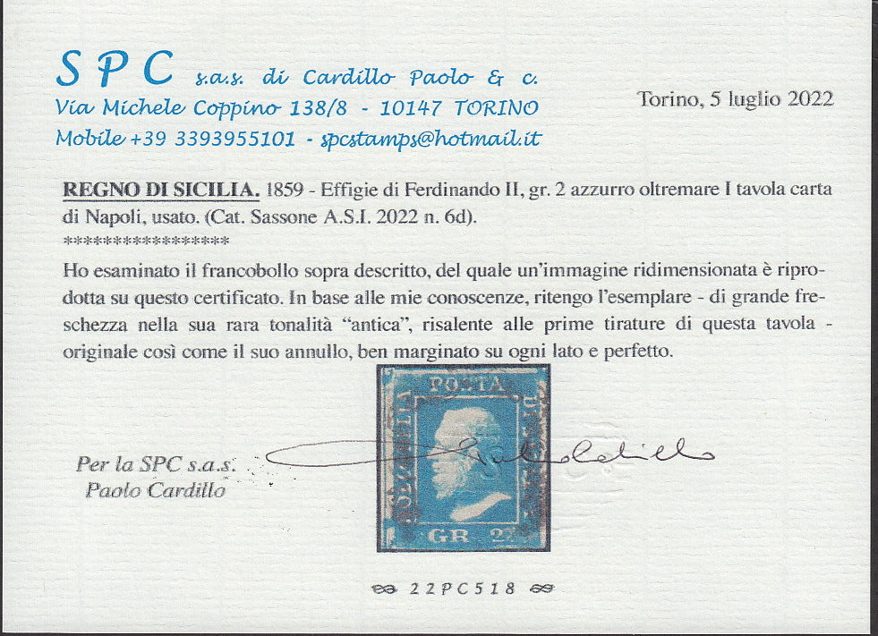 SIC144 - 1859 - Effige di Ferdinando II di Borbone, 2 grana azzurro oltremare I tavola carta di Napoli usato. (6d).