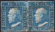 SIC319 - 1859 - Effigie di Ferdinando II di Borbone volta a sinistra, 2 grana azzurro vivo I tavola carta di Napoli coppia orizzontale usata (6f).