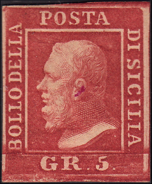 EBS11 - 1859 - Effigie di Ferdinando II di Borbone volta a sinistra, 5 grana carminio scuro I tavola carta di Napoli nuovo con gomma originale, (9b).