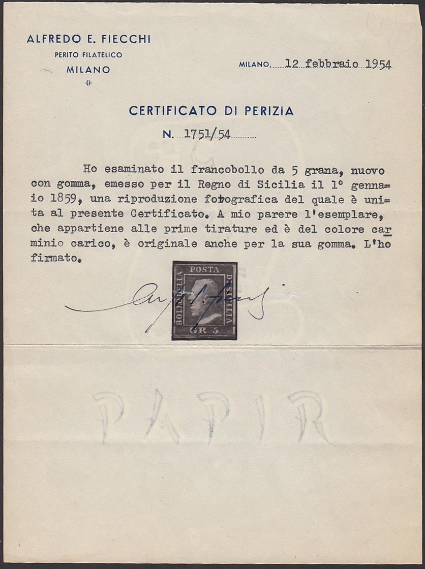 EBS11 - 1859 - Effigie di Ferdinando II di Borbone volta a sinistra, 5 grana carminio scuro I tavola carta di Napoli nuovo con gomma originale, (9b).