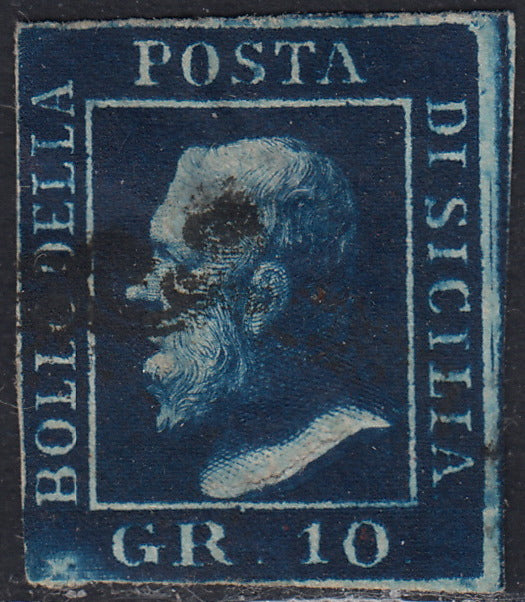 SIC343 - 1859 - Effigie di Ferdinando II di Borbone, 10 grana azzurro cupo carta di Napoli usato, (12).